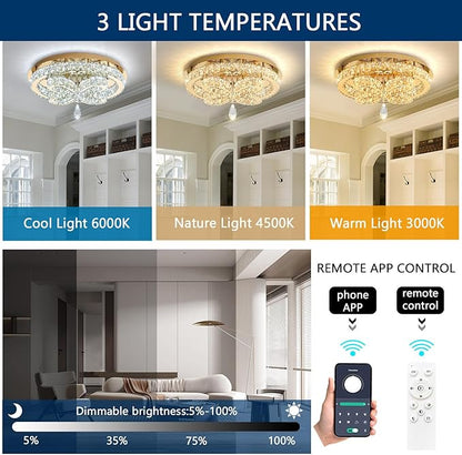 20'' Modern Crystal Chandelier LED Dimmable Flush Mount Ceiling Light Pendant Light for Living Room Bedroom Dining Room Gold Light Fixture