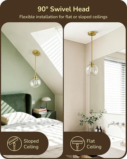 EDISHINE Pendant Lights Kitchen Island, Modern Gold Hanging Light Fixture with Clear Glass Globe Shade, Hardwired Adjustable Metal Rod for Dining Room, Entryway, 1 Pack