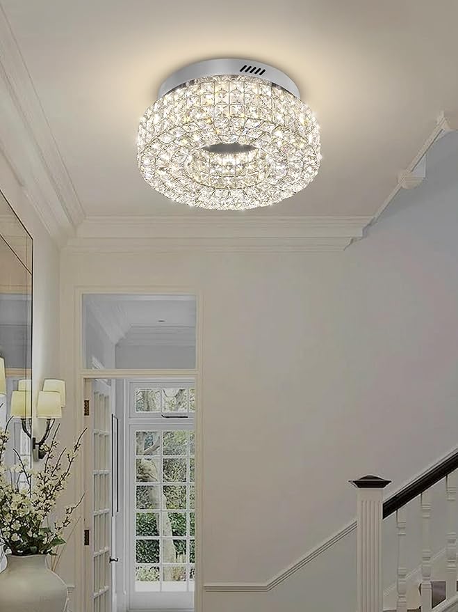 ykolupty 16" Crystal Chandeliers,Round Chandelier for Living Room Modern Flush Modern Crystal Ceiling Light Fixture for Foyer Bedrooms Dining Room Hallway Silver