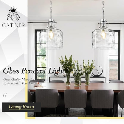 CATINER Extra Large 16" Vintage Farmhouse Pendant Light – Hand-Blown Clear Hammered Glass Shade, Adjustable Chain Hanging Light for Kitchen Island, Hallway, Dining Room, Chrome