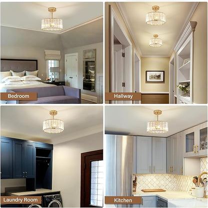 YURNYQ Gold Crystal Chandelier, Small Modern Semi Flush Mount Ceiling Chandelier Light Fixtures, Round Hanging Lighting Fixture for Kitchen Bedroom Hallway Entryway Laundry Room, 3-Light, 11.8 Inch