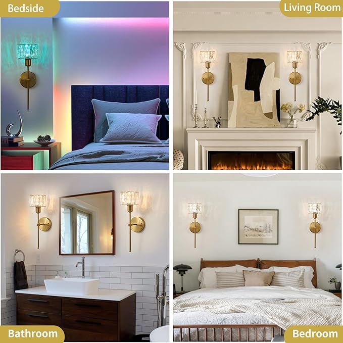 Crystal Battery Operated Wall Sconces Set Of Two, Gold Wireless Wall Light with USB Rechargeable LED Light Bulbs 12 Colors Dimmable Crystal Wall Lamp with Remote for Living Room, Bedroom, Hallway