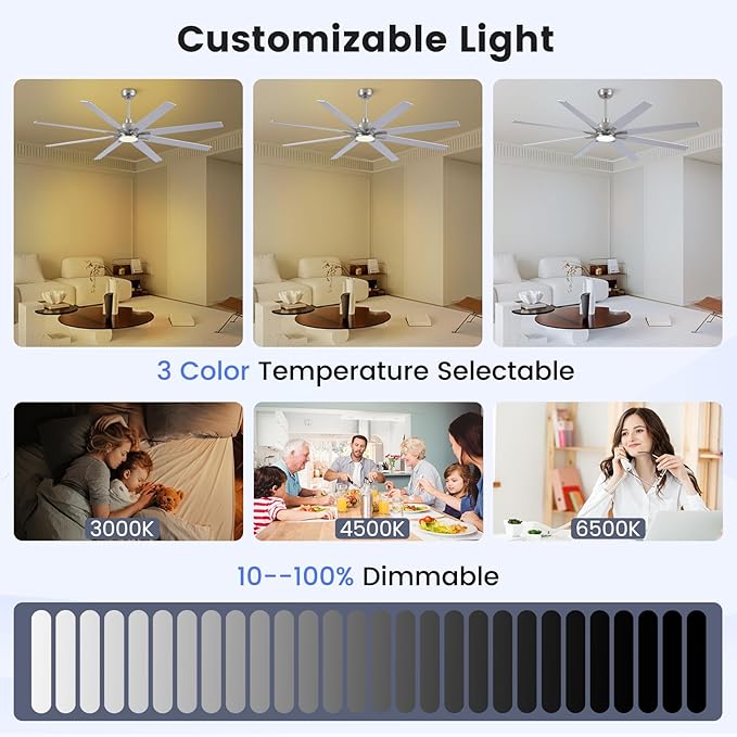 Newday 72 inch Brushed Nickel Modern Ceiling Fans with Lights and Remote, Indoor/Outdoor Ceiling Fan for Living Room Patio, 6 Speed Reversible Quiet DC Motor, 3 CCT, Dual Finish Blades