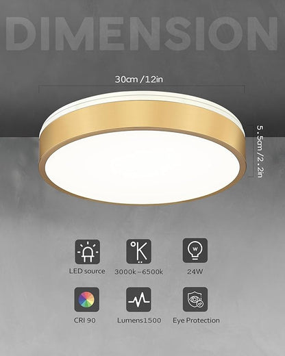 Ken & Ricky Led Brushed Gold Flush Mount Ceiling Light,Dimmable Close to Ceiling Light Fixtures for Kitchen Bathroom Bedroom Hallway 12 Inch 5cct 24w Round KR3354-2PK