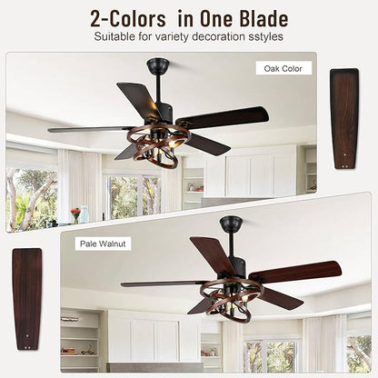 52" Ceiling Fan with Lights and Remote,Industrial Farmhouse Ceiling Fan with Adjustable Wood Grain Iron Cage,5 Reversible Dual-Color Blades,DC Quiet Motor,6 Speeds,Timer for Bedroom Living Room