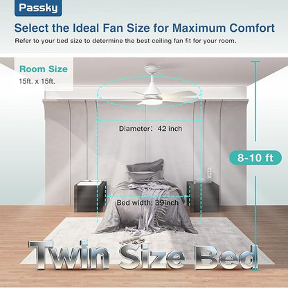 Passky Ceiling Fans with Lights, 42 inch Sleek Ceiling Fan with Light and Remote Control, 3CCT, Dimmable, Reversible, Noiseless, White Ceiling Fan for Bedroom, Living Room