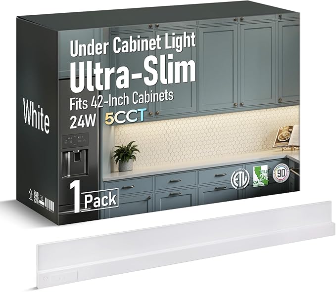 TORCHSTAR Ultra-Slim LED Under Cabinet Lighting Fits 42 Inch Cabinets, 5CCT 24W 1800LM, Hardwired & Plug-in, 120V CRI90 Linkable Dimmable Thin Under Counter Lights for Kitchen, ETL T24