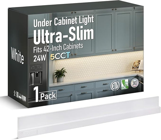 TORCHSTAR Ultra-Slim LED Under Cabinet Lighting Fits 42 Inch Cabinets, 5CCT 24W 1800LM, Hardwired & Plug-in, 120V CRI90 Linkable Dimmable Thin Under Counter Lights for Kitchen, ETL T24