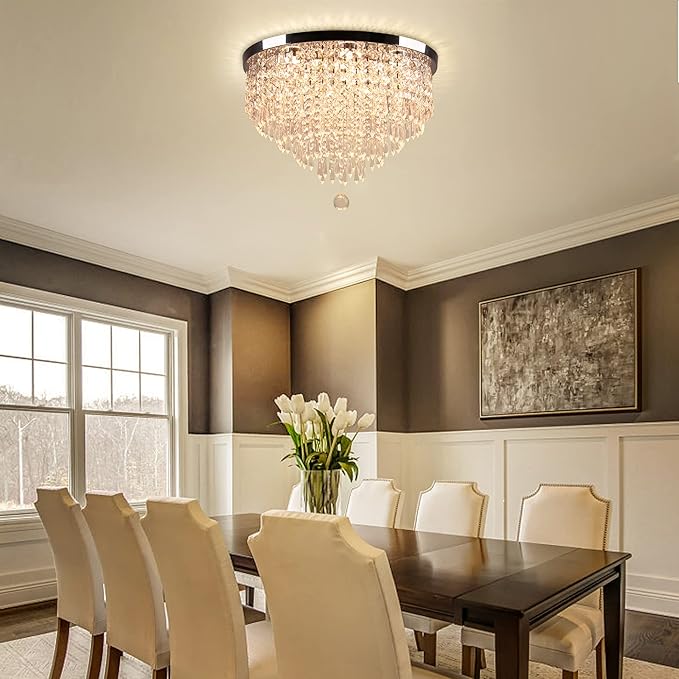 19.7" Crystal LED Flush Mount Ceiling Light, 5-Tier K9 Raindrop Crystals, Chrome Stainless Steel Chandelier Fixture for Bedroom, Living Room & Dining Room 3000K Warm White