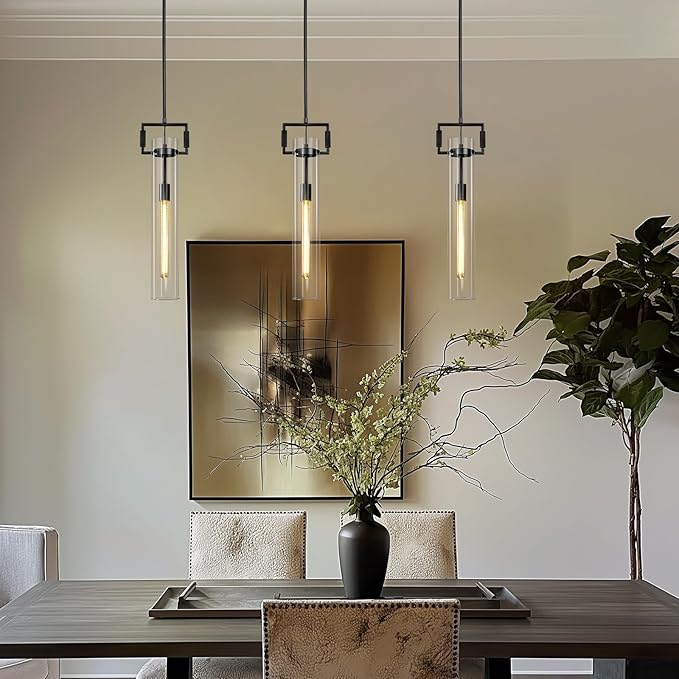 21.6'' Black Pendant Lights Set of 2, Modern Pendant Lights Kitchen Island, Large Kitchen Pendant Lighting Over Island,Long Adjustable Height Glass Pendant Light Fixtures, Included E12 Bulbs