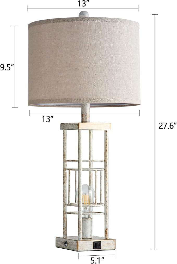 Reaketon Table Lamp for Living Room Set of 2 with USB C+A & Bulbs, 3-Way Dimmable 27.6" Farmhouse End Lamps, Rustic Bedside Lamp for End Tables, Industrial Nightstand Lamps for Bedroom