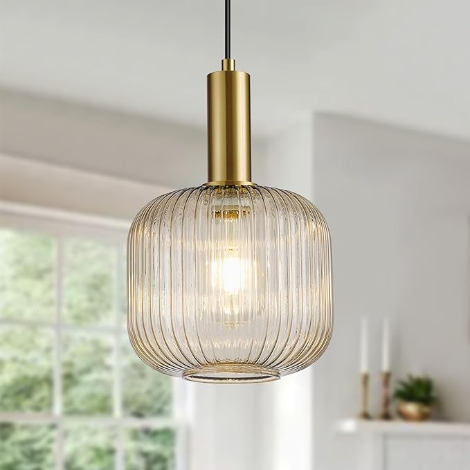 8 Inch Amber Glass Pendant Lights Small Modern Chandelier Pendant Lighting Mid Century Hanging Lights Adjustable Kitchen Island Light for Dining Room Bedroom Hallway