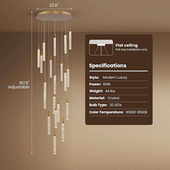 SNZ 20-Light Gold Crystal Chandelier, High Ceiling Chandelier for Staircase, Modern LED Dimmable Pendant Light Fixture for Entryway Hallway Living Room, 157in, Gold
