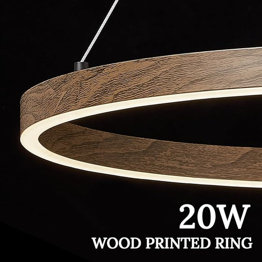 12in LED Ring Chandelier Wood Grain Modern Dimmable Pendant Light Height Adjustable Circular Hanging Ceiling Fixture for Kitchen Island Dining Table Entryway Sink