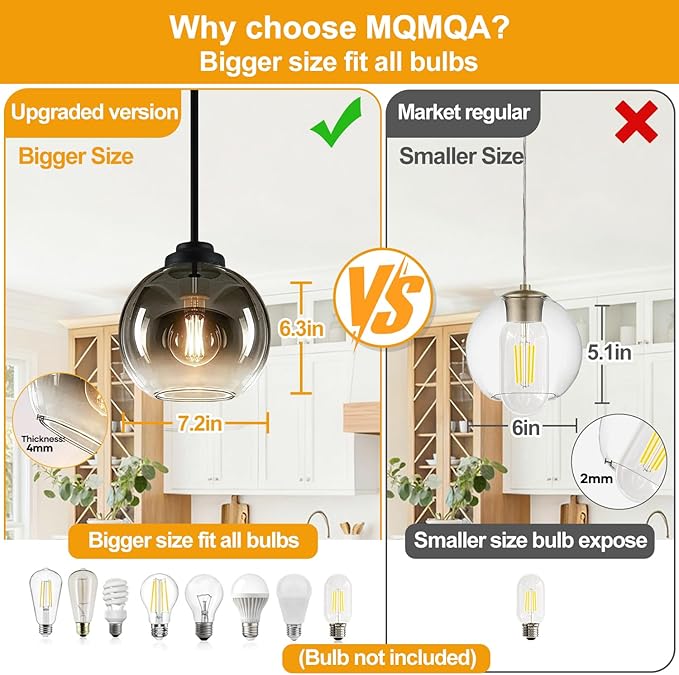 2 Pack 7.2-Inch Globe Pendant Lights, Mid Century Pendant Light Fixtures, Globe Pendant Lights Kitchen Island with Gray Glass Shade Adjustable Hanging Fixture for Dining Room (Bulbs not Included)
