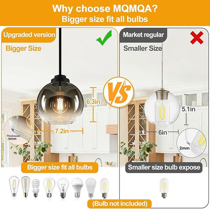 2 Pack 7.2-Inch Globe Pendant Lights, Mid Century Pendant Light Fixtures, Globe Pendant Lights Kitchen Island with Gray Glass Shade Adjustable Hanging Fixture for Dining Room (Bulbs not Included)