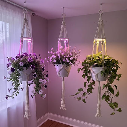 2 Pack Hanging Plant Grow Lights for Indoor Plants with Timer, Wall Mounted Full Spectrum Pendant Growing Light with Macrame Plant Hanger, Ceiling LED Planta Luz for Potted Plants Home Decor