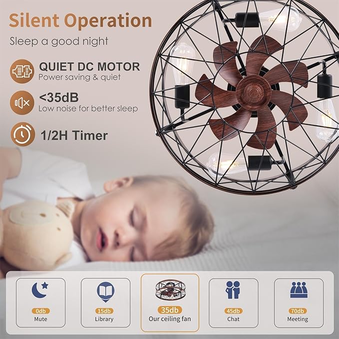 24" Farmhouse Flush Mount Caged Ceiling Fans with Lights, Rustic Low Profile Ceiling Fan with Light and Remote, Quiet Reversible DC Motor Bladeless Enclosed Ceiling Fan for Bedroom Dining Room Kitchen