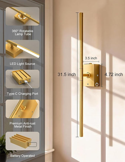 Battery Operated Wall Sconces Set of 2: 10000mAh Rechargeable Wall Lights with Remote, 360° Rotate 3000K-6000K LED Wireless Wall Light Fixtures Decor for Bedroom Living Room Hallway Picture Lighting