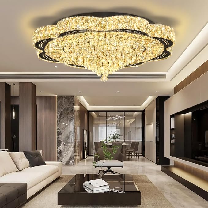 Modern Crystal Chandelier for Living Room Black 32in Crystal Raindrop Ceiling Light for Room Bedroom LED Dimmable 2700-6000K