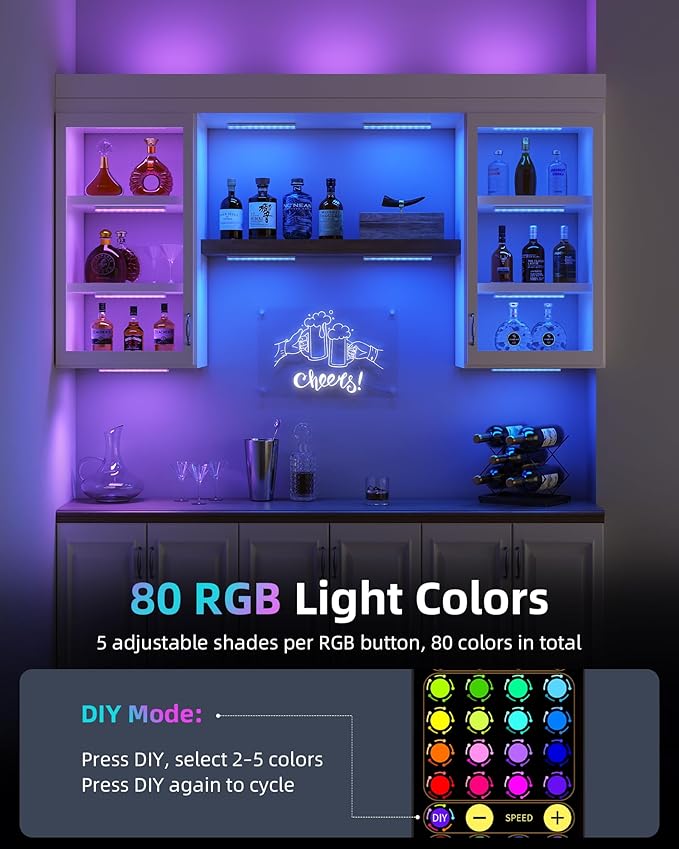 EZVALO 80 RGB Color Changing Under Cabinet Lighting Wireless, 1800mAh Rechargeable Shelf Lights, Magnetic, Timer & Dimmable Bar Light with Remote for Kitchen, Display Case, Cabinet, 6Pack