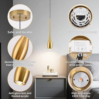 Gold Pendant Light, Modern Pendant Lights Kitchen Island, LED Hanging Light Fixtures for Dining Room Hallway Bedroom 2 Pack 3000K