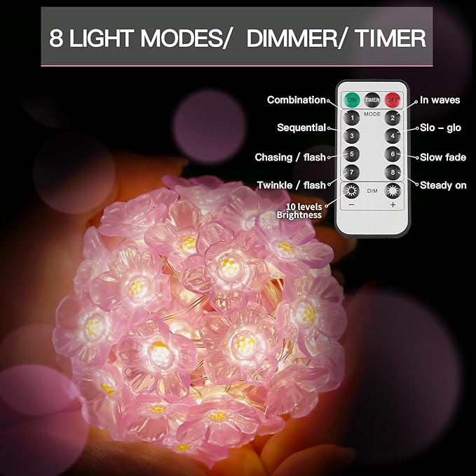 suddus Cherry Blossom Lights, 12.8 ft 40 LED Flower String Lights Battery Operated with Remote, Pink Fairy Light for Bedroom, Holiday, Party, Indoor,Christmas