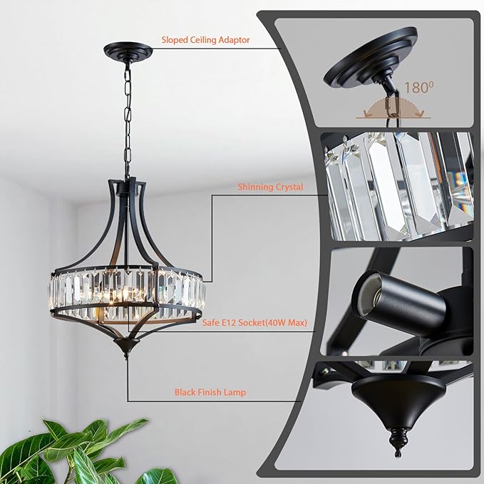 Crystal Chandeliers for Dining Room, Round Rustic Farmhouse Chandelier, Metal Shade, 4-Light Modern Chandelier for Hallway, Bedroom, Foyer Black
