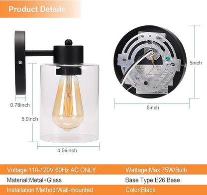 Kalium Wall Sconces, Matte Black Vanity Light Fixtures, Indoor Wall Lights with Clear Glass Shade, Hardwired Farmhouse Wall Lamp for Bedroom Living Room Bathroom (E26 Base 1pcs)