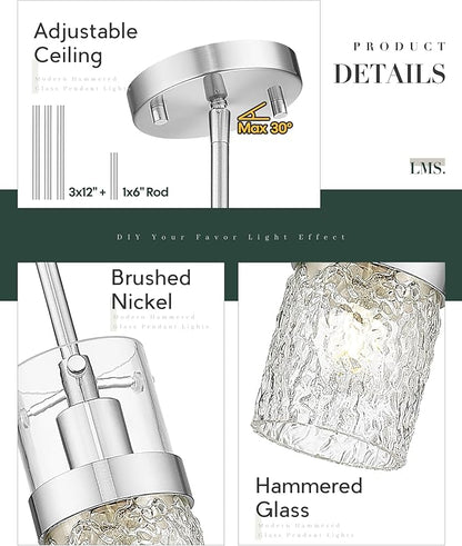 LMS Brushed Nickel Pendant Lights Kitchen Island 2 Pack, Modern Glass Pendant Light Fixtures with Hammered Glass, Adjustable Mini Hanging Light for Kitchen Island Sink Bathroom, LMS-171BN2