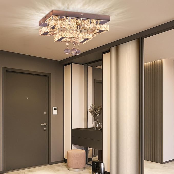 11.8" Modern Crystal Chandelier LED Ceiling Light Fixture Suitable for Kitchen Corridor Hallway Bedroom Bathroom Dining Room 4 Petals/Raindrop Ball Square Wall Switch （Warm Light）