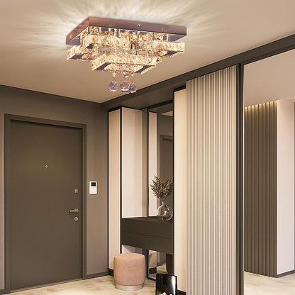 11.8" Modern Crystal Chandelier LED Ceiling Light Fixture Suitable for Kitchen Corridor Hallway Bedroom Bathroom Dining Room 4 Petals/Raindrop Ball Square Wall Switch （Warm Light）