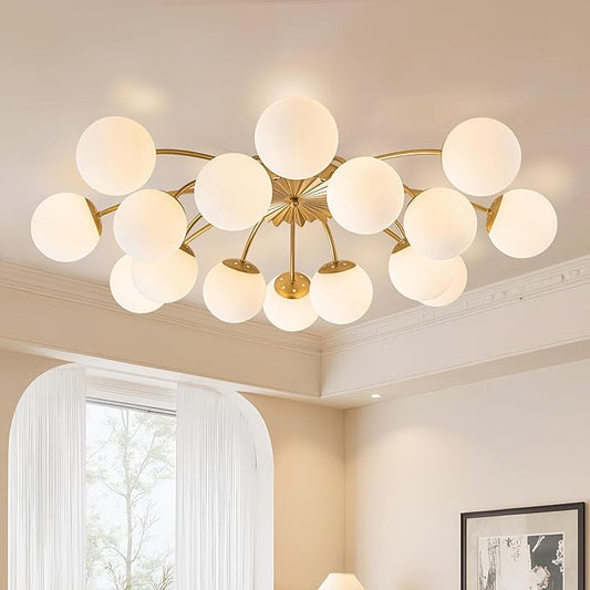 Longree 16-Light Mid Century Modern Sputnik Chandelier Brushed Gold Flush Mount Ceiling Lights with Blossom Accent Milk Glass Globe Bubble Light Fixture for Dining Living Bedroom