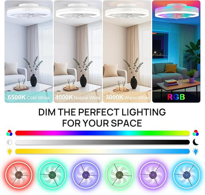 RGB Ceiling Fans with Lights, 16" Fandelier Low Profile Ceiling Fan with Light, Modern Flush Mount Ceiling Fan Light with Remote/APP Control, Bedroom Chandelier Fan Fixture for Indoor(White)
