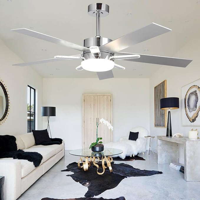 52-Inch DC Motor Ceiling Fan with LED Light and Remote, 5 Silver Plywood Blades, Reversible, Chrome Finish, 3 Color Temperatures, Dimmable Lighting, Energy Efficient Indoor Ceiling Fan