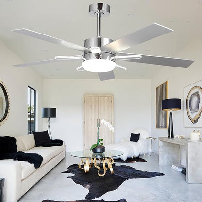 52-Inch DC Motor Ceiling Fan with LED Light and Remote, 5 Silver Plywood Blades, Reversible, Chrome Finish, 3 Color Temperatures, Dimmable Lighting, Energy Efficient Indoor Ceiling Fan