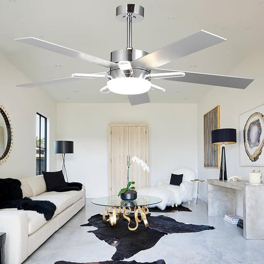 52-Inch DC Motor Ceiling Fan with LED Light and Remote, 5 Silver Plywood Blades, Reversible, Chrome Finish, 3 Color Temperatures, Dimmable Lighting, Energy Efficient Indoor Ceiling Fan