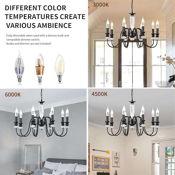 Black Chandelier, 8-Light Farmhouse Candle Chandelier for Living Room, Rustic Industrial Pendant Chandeliers for Dining Room, Vintage Crystal Hanging Light fixture for Hallway Kitchen Foyer E12