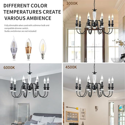 Black Chandelier, 8-Light Farmhouse Candle Chandelier for Living Room, Rustic Industrial Pendant Chandeliers for Dining Room, Vintage Crystal Hanging Light fixture for Hallway Kitchen Foyer E12