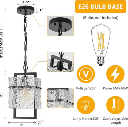 Modern Black Pendant Lights Kitchen Island, Crystal Kitchen Island Lighting with Water Ripple Glass Pendant Light Fixtures Elegant Chandeliers for Dining Room Hallway, Height Adjustable UL Listed