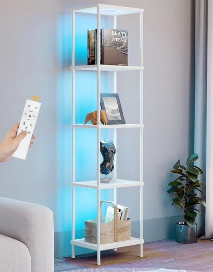 Display Shelf with RGBCW Light, Color Changing Curio Cabinet Floor Lamp with Shelves Corner Standing Column Lamp Etagere Organizer Tower Nightstand Bookcase for Living Room Bedroom Office Décor White