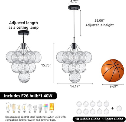 GoYeel Black Small Chandeliers 14.17", Modern Bubble Glass Pendant Light Fixture Dining Room Chandelier Ceiling Lights with 10 Swirled Globe or Foyer Bedroom Kitchen, 1 Light Include E26 Bulb