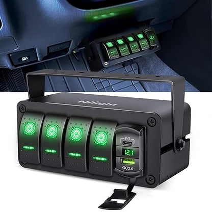 Nilight 4 Gang Rocker Switch Box 12V SPST ON Off Toggle Switches PD Type C and QC 3.0 USB Charger Voltmeter LED Light Waterproof Aluminum Mount Bracket Panel DIY Stickers for Boat Car RV Truck