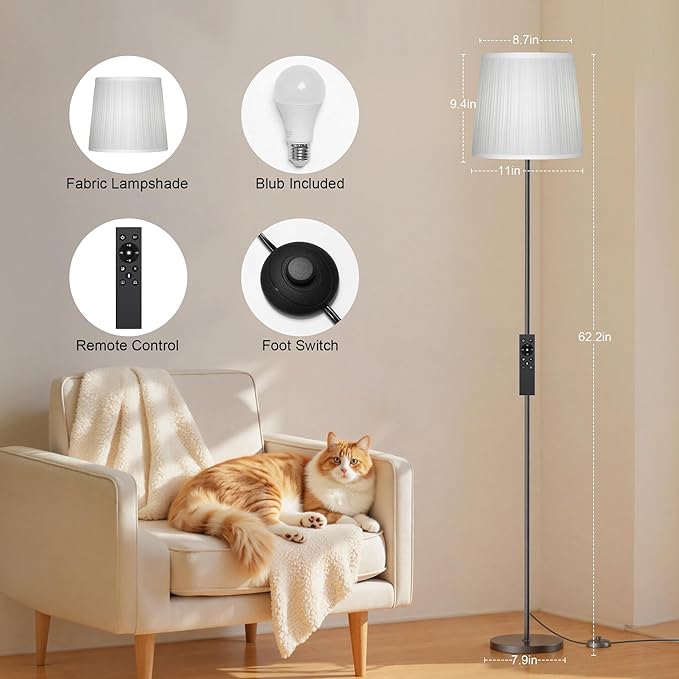SIBRILLE Floor Lamp with Pleated Shade, 62" LED Dimmable Standing Lamp with Remote & Foot Switch, Color Options, 9W E26 Bulb Included, Modern Reading Light for Living Room Bedroom Office Corner, Black