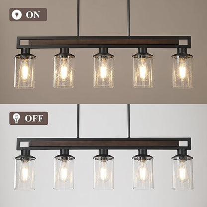 Farmhouse Dining Room Light Fixture, 5-Light Wood Kitchen Island Lighting for Dining Room Over Table, Black Adjustable Pendant Light with Seeded Glass Shades, Linear Chandeliers Lighting for Kitchen
