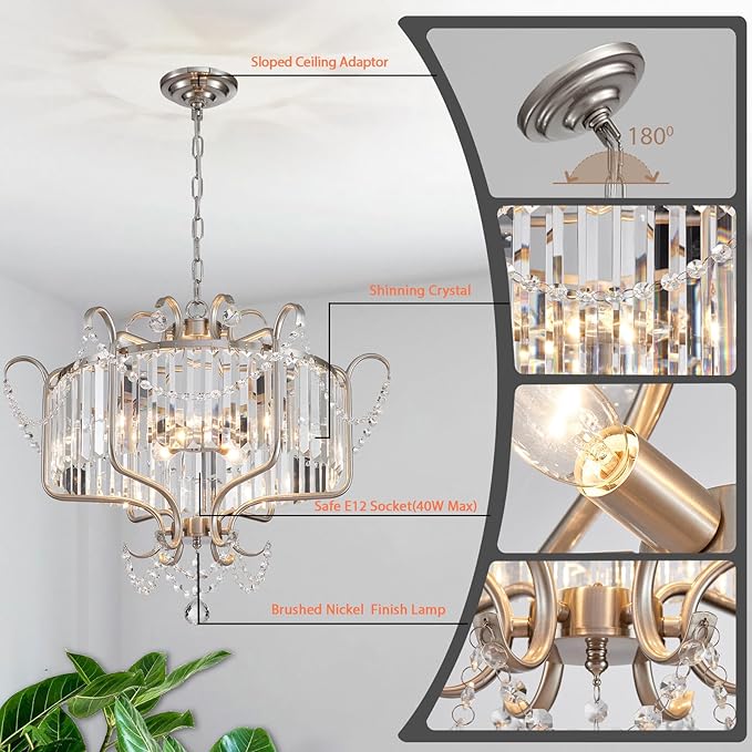 Modern Crystal Chandelier for Dining Room 24" Brushed Nickel Light Fixtures 6-Light Farmhouse Pendant Lighting for Kitchen Island Bedroom Hallway Entryway
