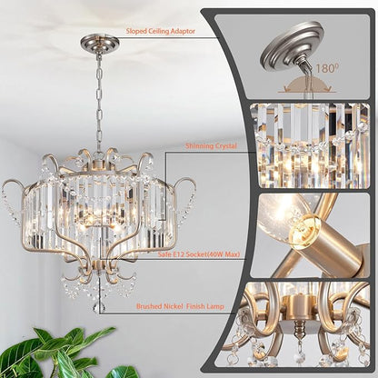 Modern Crystal Chandelier for Dining Room 24" Brushed Nickel Light Fixtures 6-Light Farmhouse Pendant Lighting for Kitchen Island Bedroom Hallway Entryway