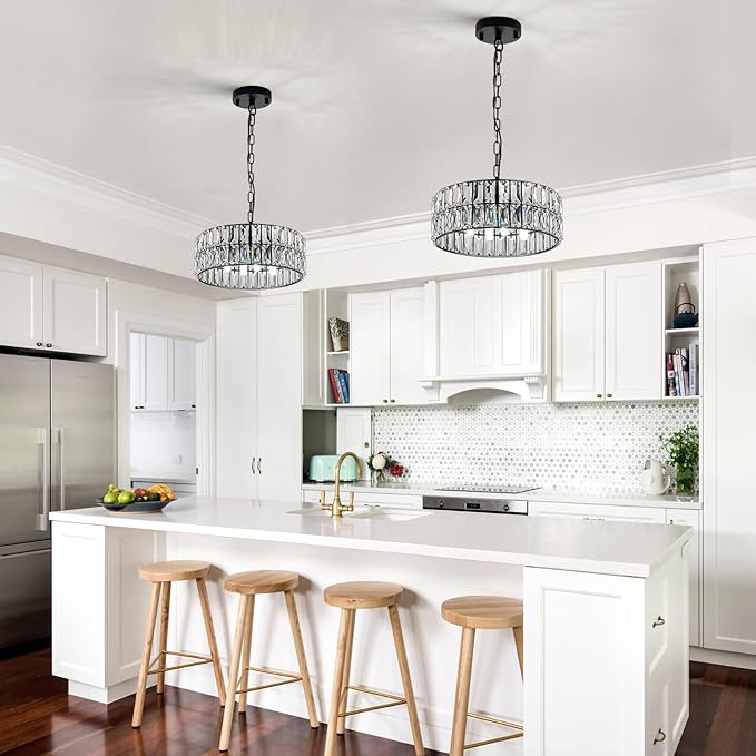 Crystal Pendant Light 4-Light Modern Black Chandelier Small 12” Crystal Semi Flush Mount Ceiling Light Round for Kitchen Island Foyer Hallway