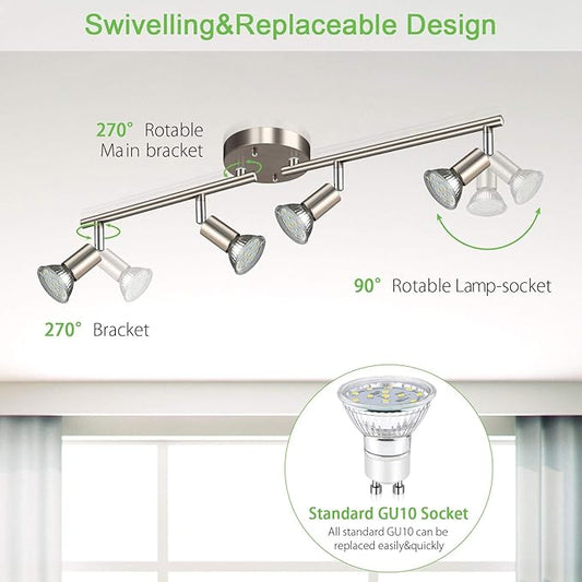 Unicozin LED 4 Light Track Lighting Kit, 24.8'' Matt Nickel 4 Way Ceiling Spot Lighting, Flexibly Rotatable Head, Modern Track Light Included 4 x LED GU10 Bulb (4W, Daylight White 5000K, 400LM)