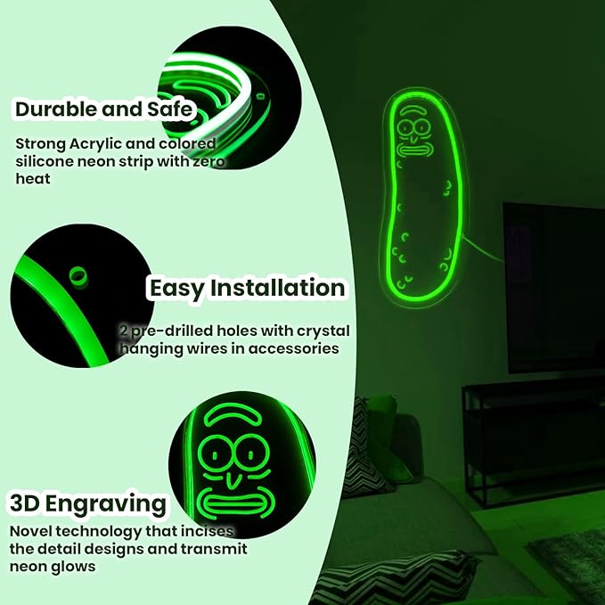 Cartoon Pickle LED neon Sign for Wall Decoration, Anime neon Light Sign for Man cave Decor, Christmas Ornament, Party and Game Room Decoration, Dimmable Dill neon Sign USB Power (Green R)
